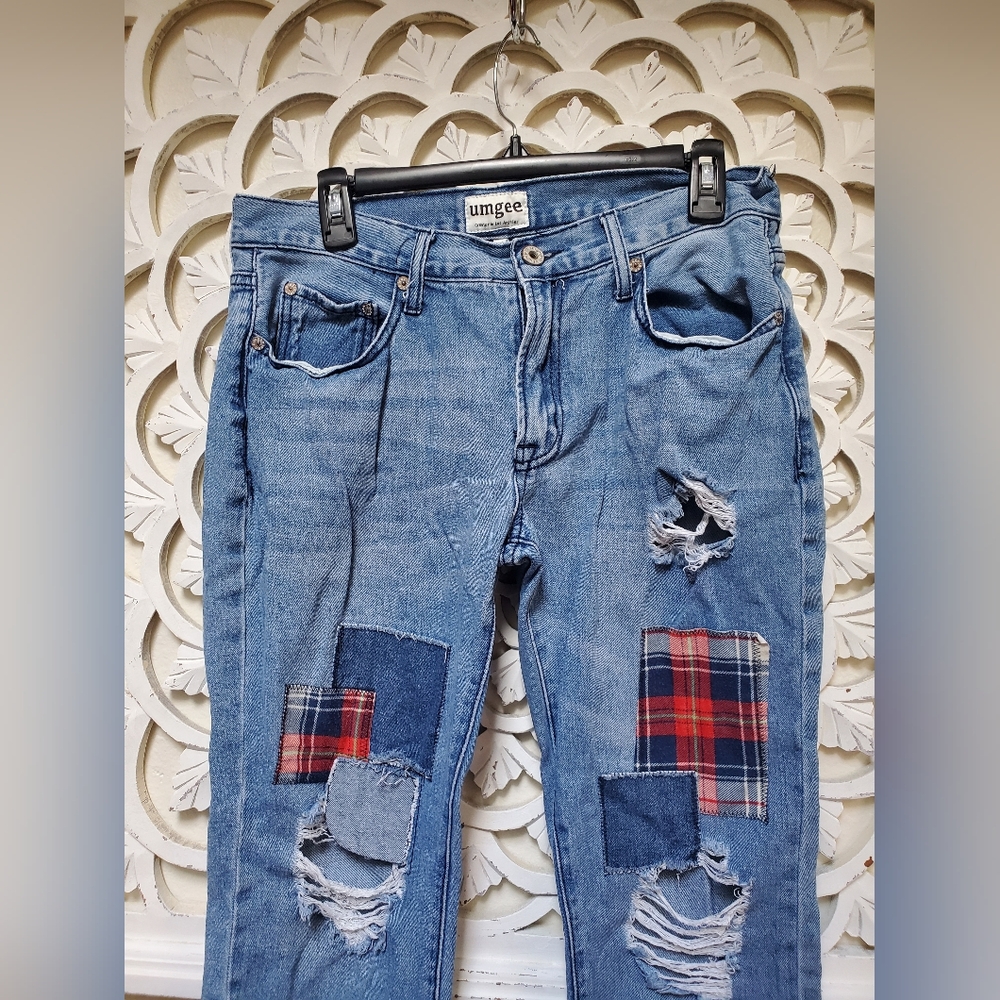 Umgee Distressed Plaid Patchwork Denim Jeans Size… - image 4